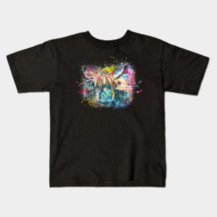 Highland Cow Bull Pink Blue Abstract Rustic Farmhouse Kids T-Shirt